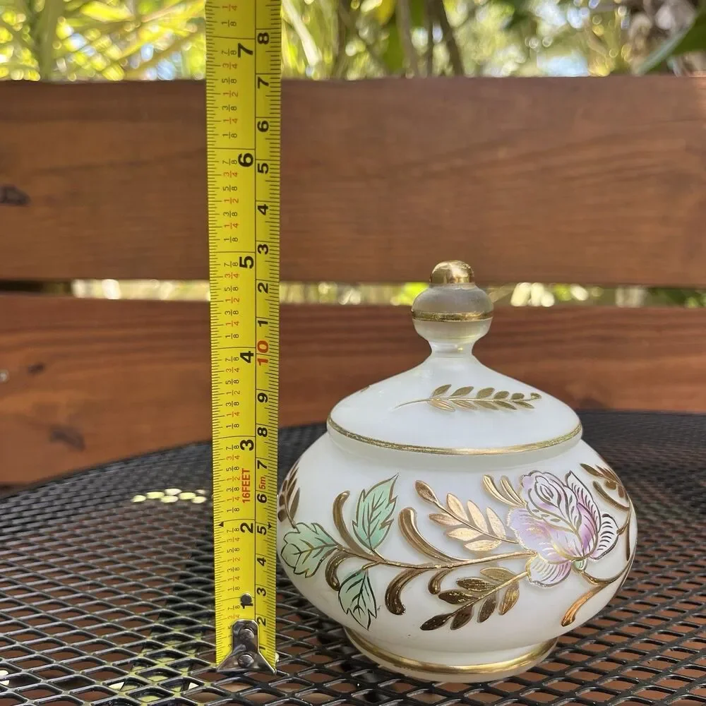 Vintage French Country Rose Jewelry Covered Trinket Dish Frosted Glass Goldleaf